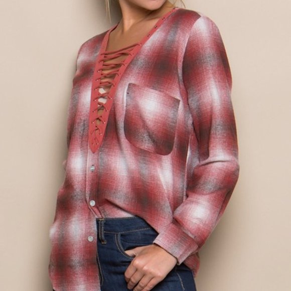 Long Sleeve Flannel Deep V Lace Up Front Top - Picture 2 of 5